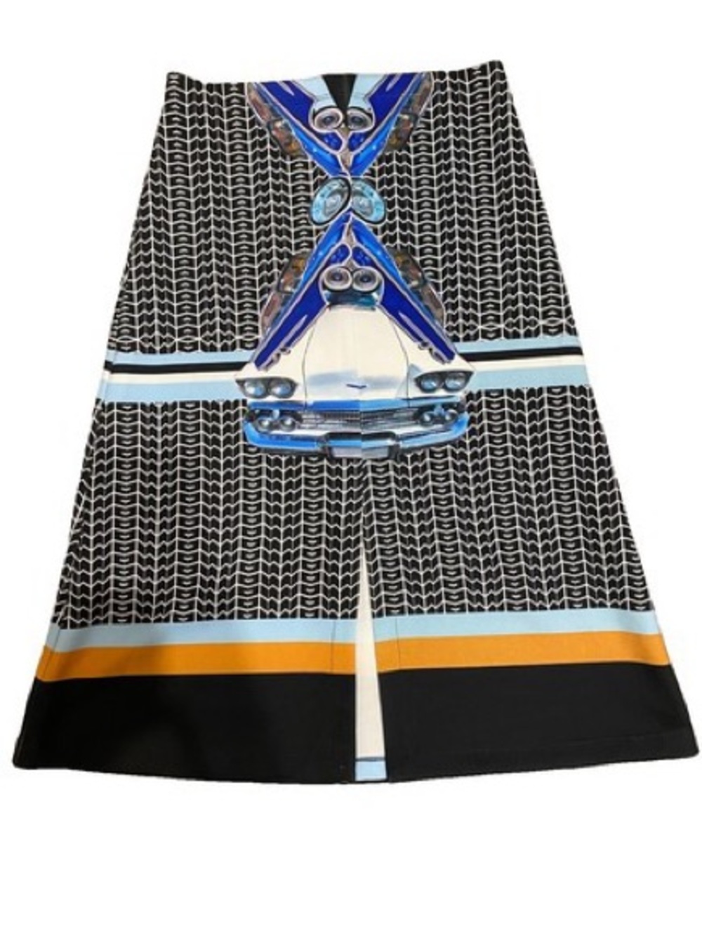 Clover Canyon Classic Car Black Midi Skirt with Blue & Orange Stripe Detail